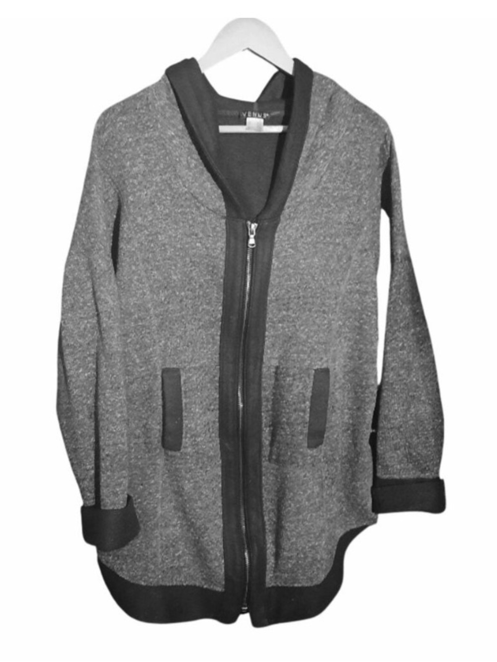 VENUS Gray and Black Hooded Zip-Up Cardigan